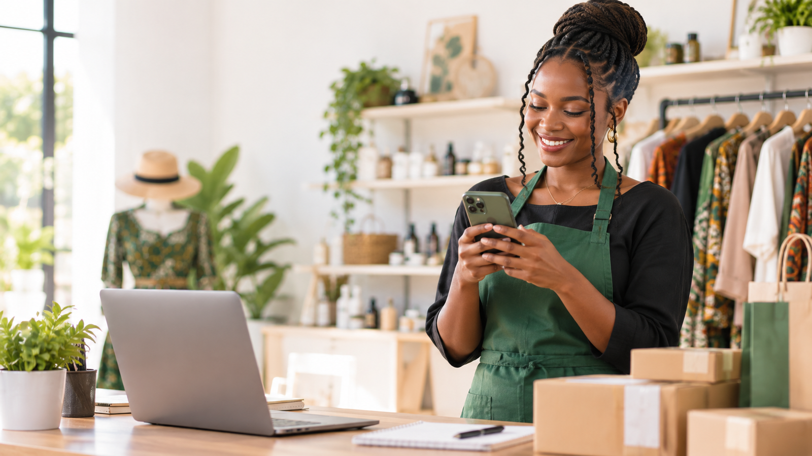 Entrepreneure africaine utilisant son smartphone dans sa boutique pour gérer sa vitrine WHALISHOP