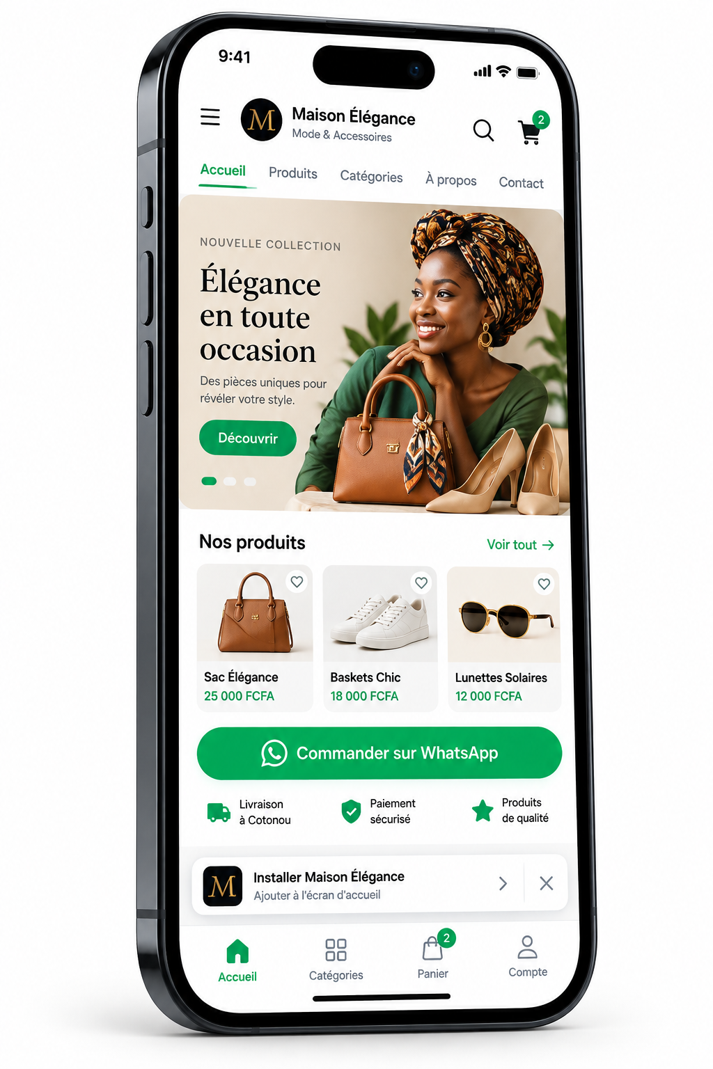 Smartphone affichant une vitrine mobile WHALISHOP installable comme application