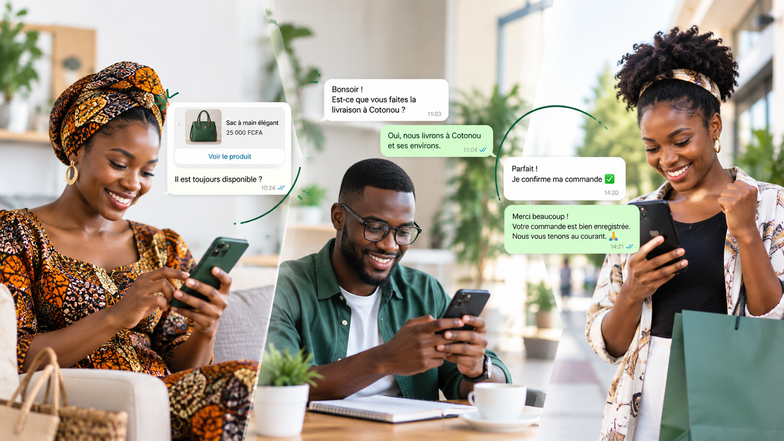 Parcours client simple : vitrine WHALISHOP puis commande sur WhatsApp, sans nouvelle application