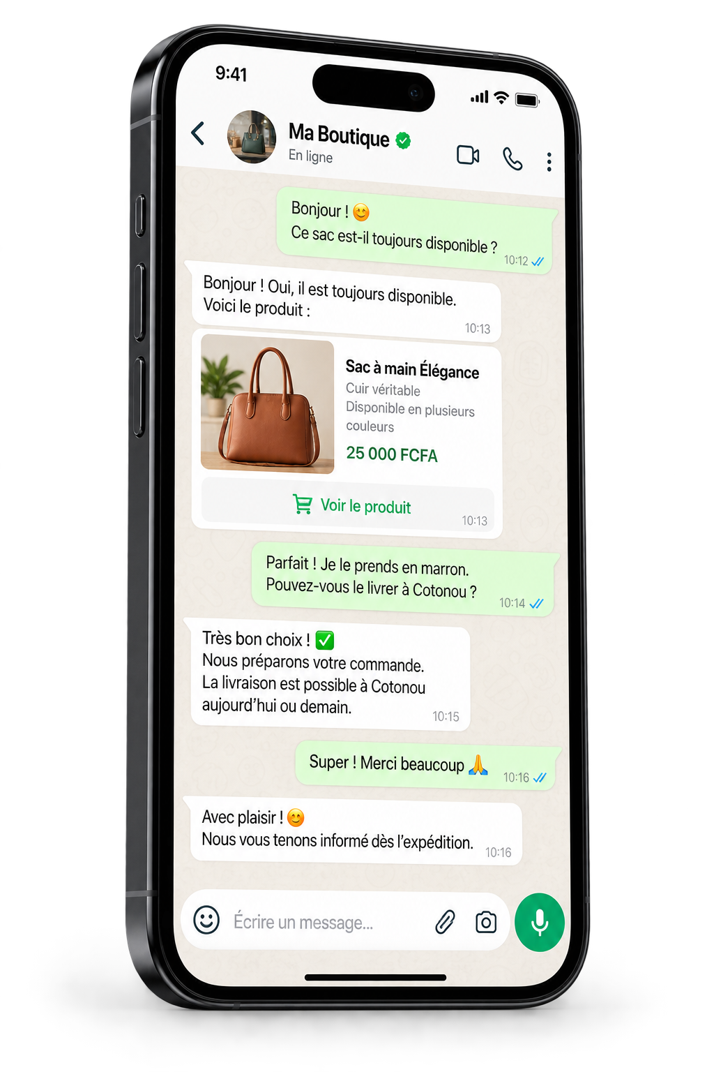 Commande WhatsApp reçue sur téléphone depuis une vitrine WHALISHOP